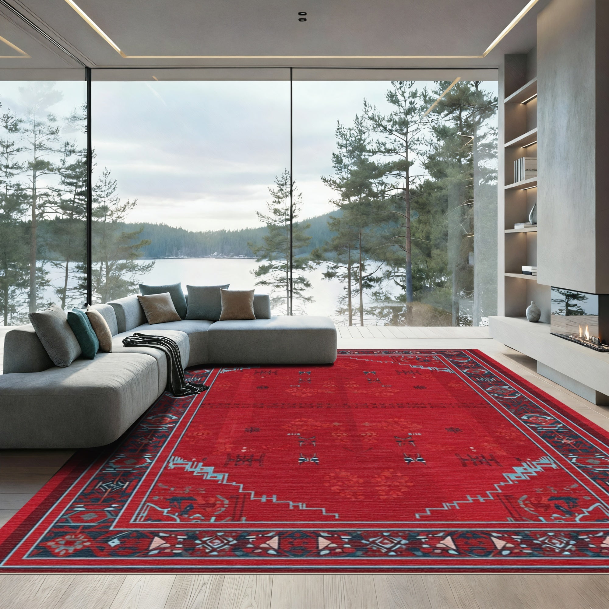 Crimson Red Geometric Tribal Rug