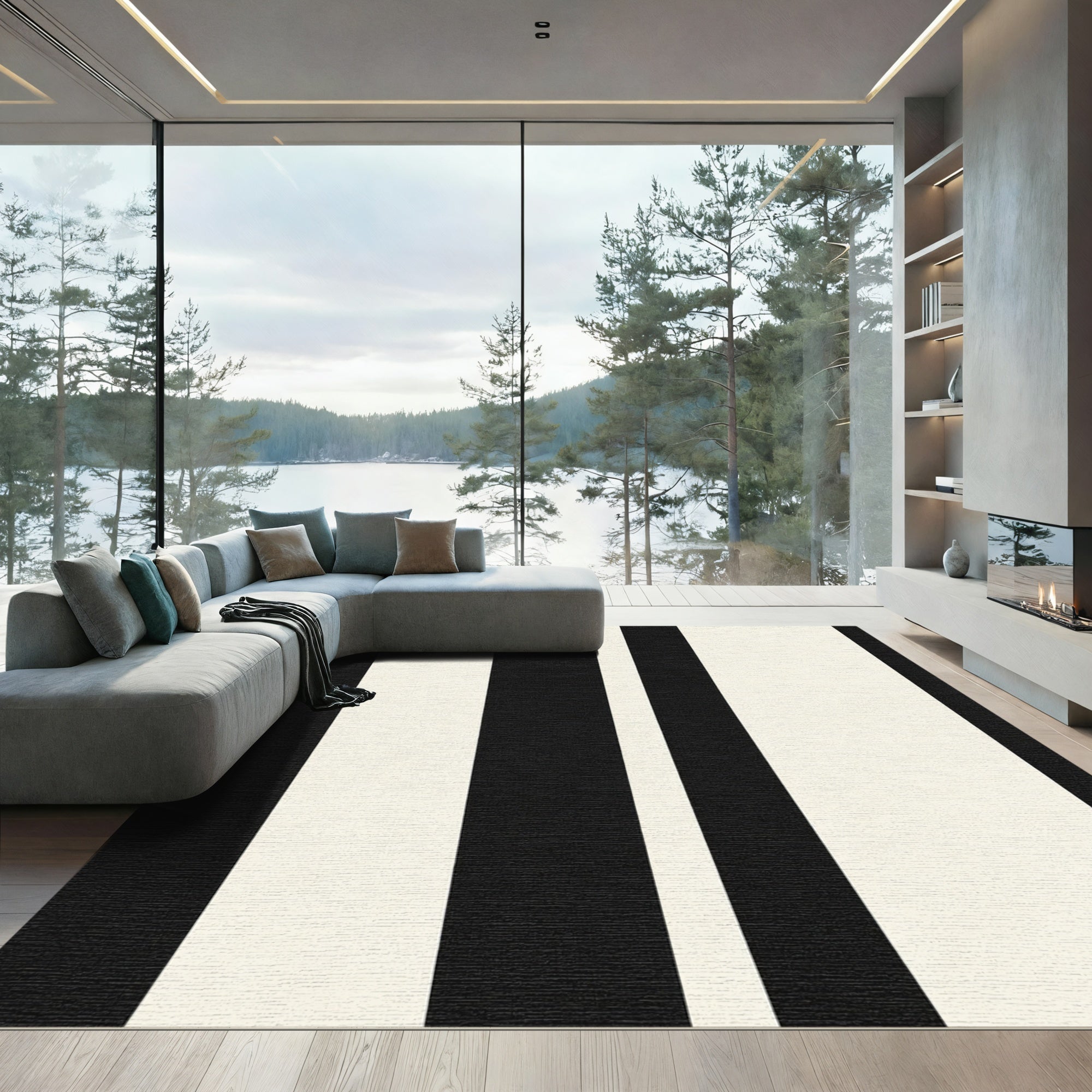 Bold Black Cream Stripe Rug