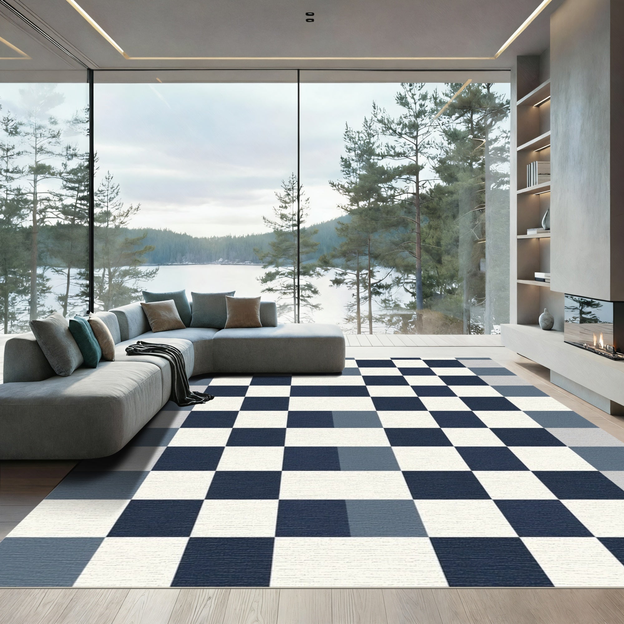 Modern Blue White Geometric Check Rug
