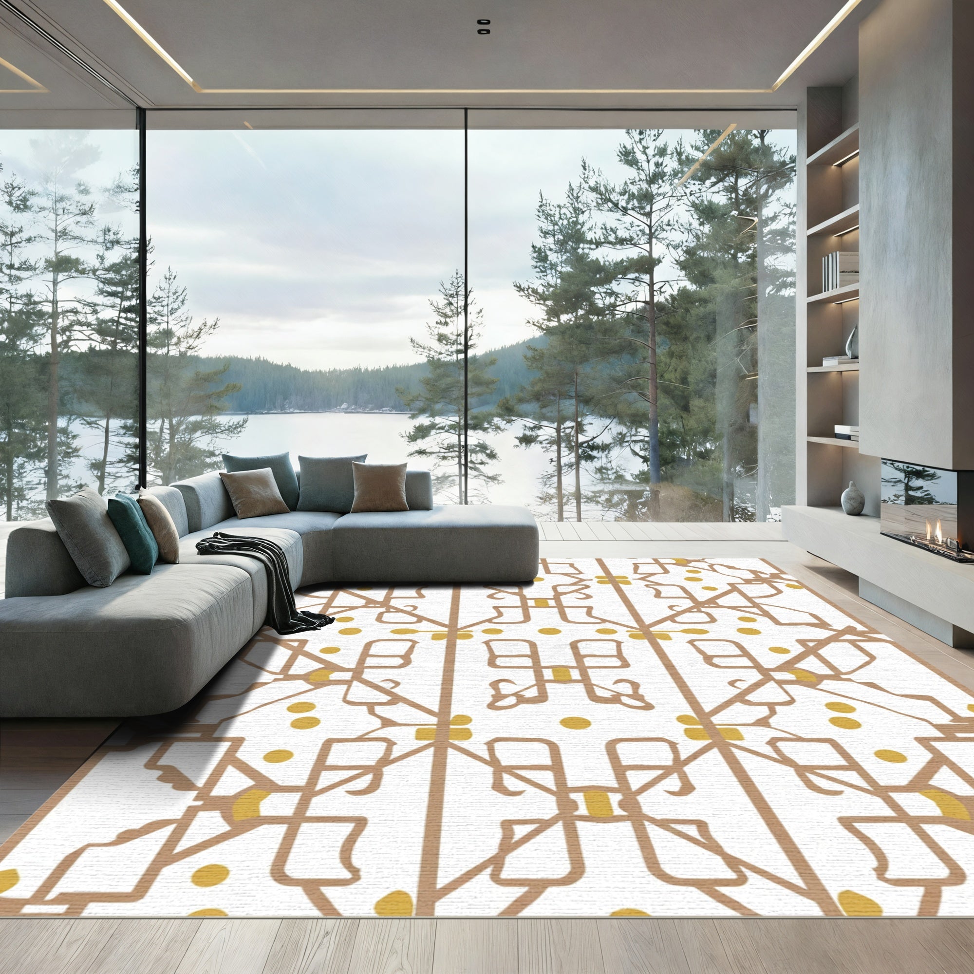 Tan Gold Geometric Lattice Rug