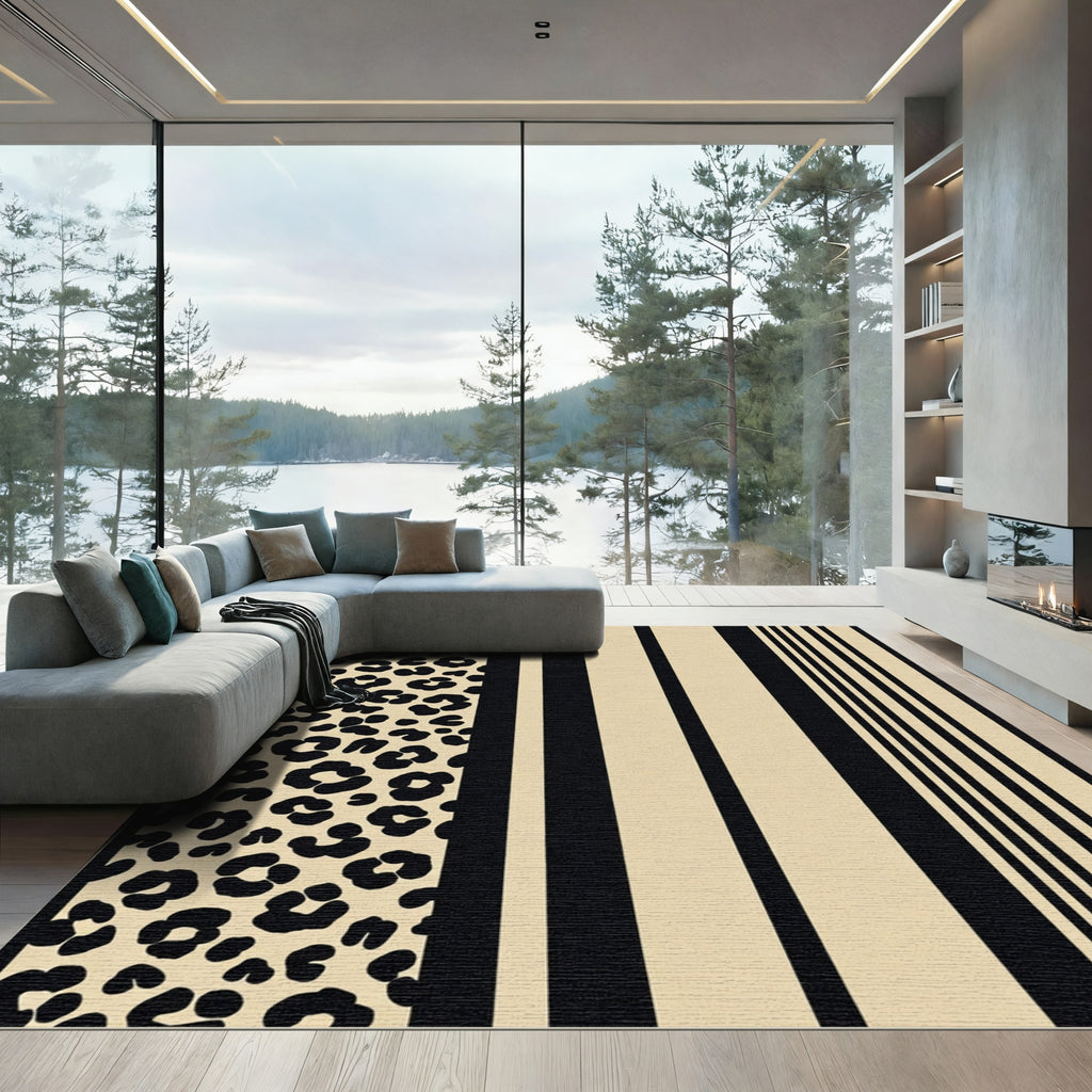 Beige Black Leopard Stripe Compositions Rug