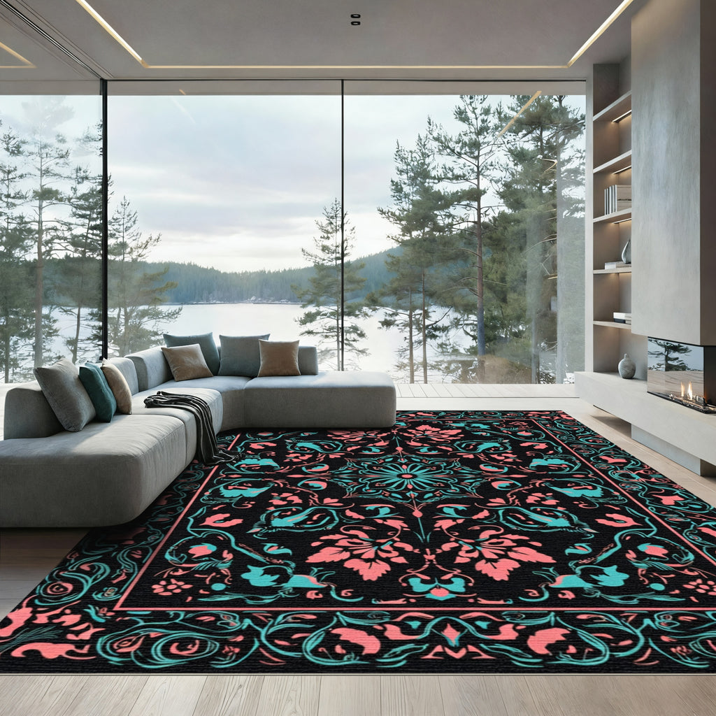 Coral Teal Floral Medallion Black Rug