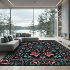 Coral Teal Floral Medallion Black Rug