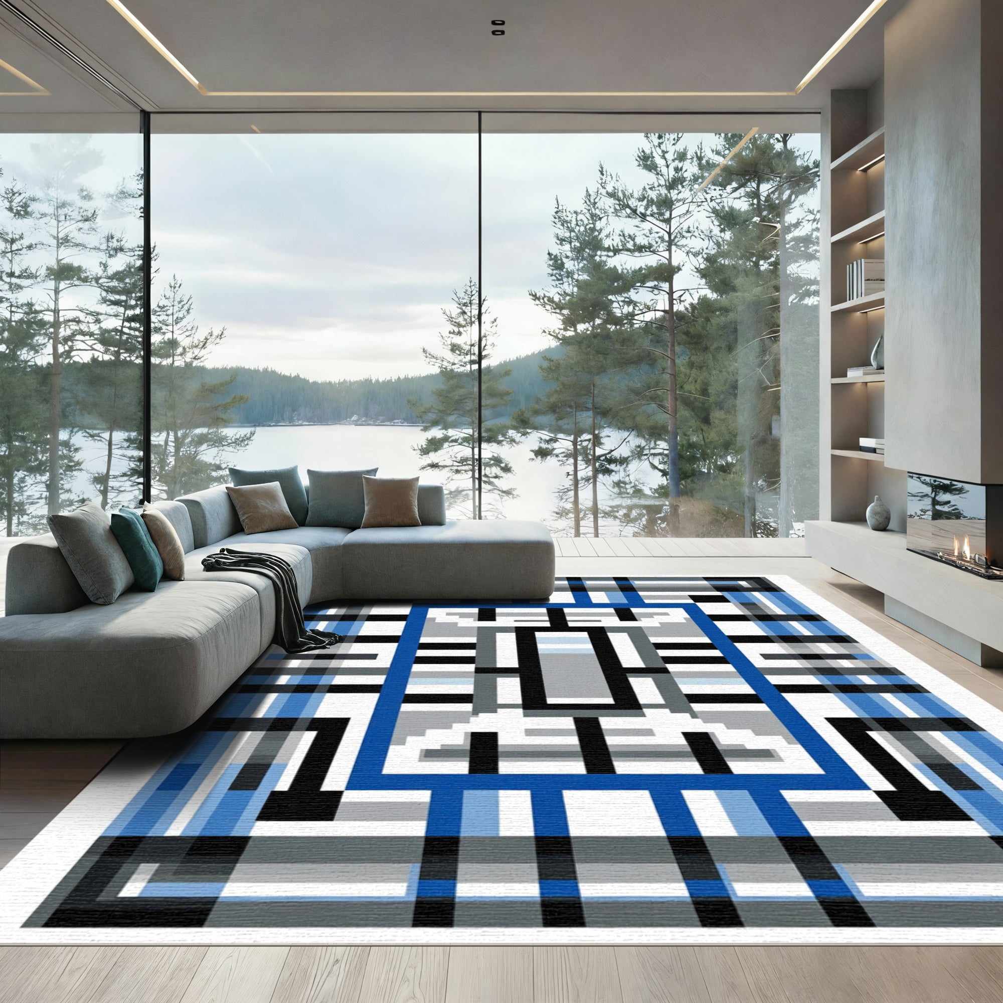 Blue Gray Geometric Window Rug