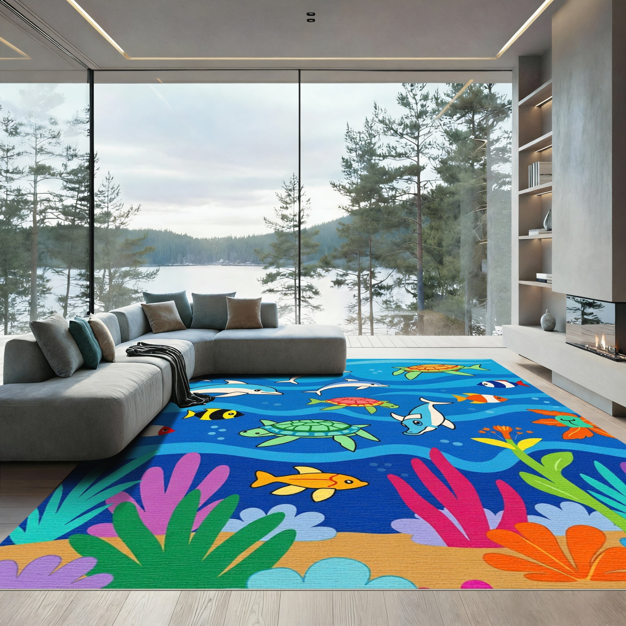 Happy Dolphin and Turtle Ocean Collage Rug