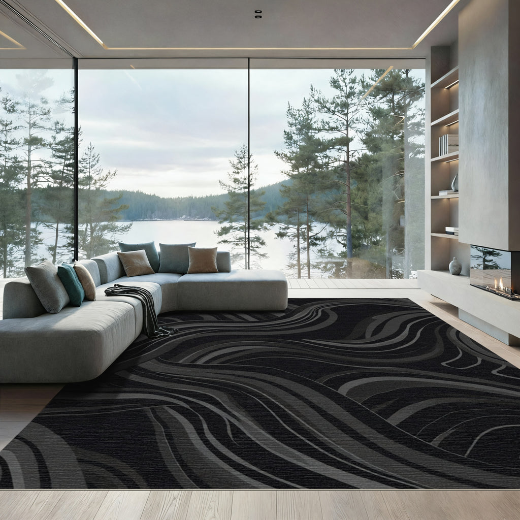 Charcoal Gray Wavy Abstract Rug