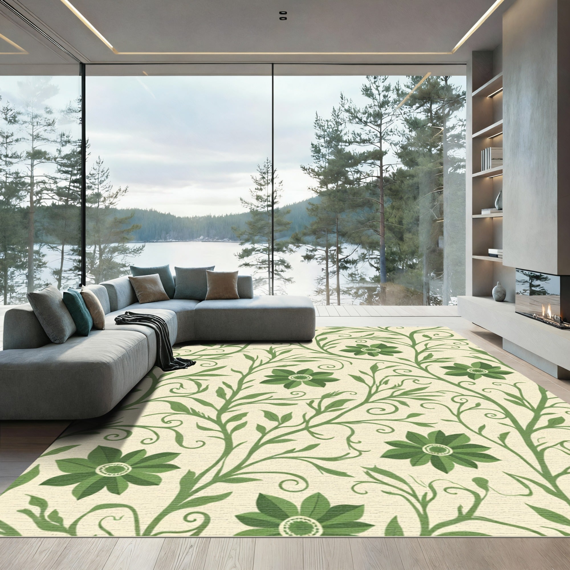 Green Floral Vine Scroll Rug