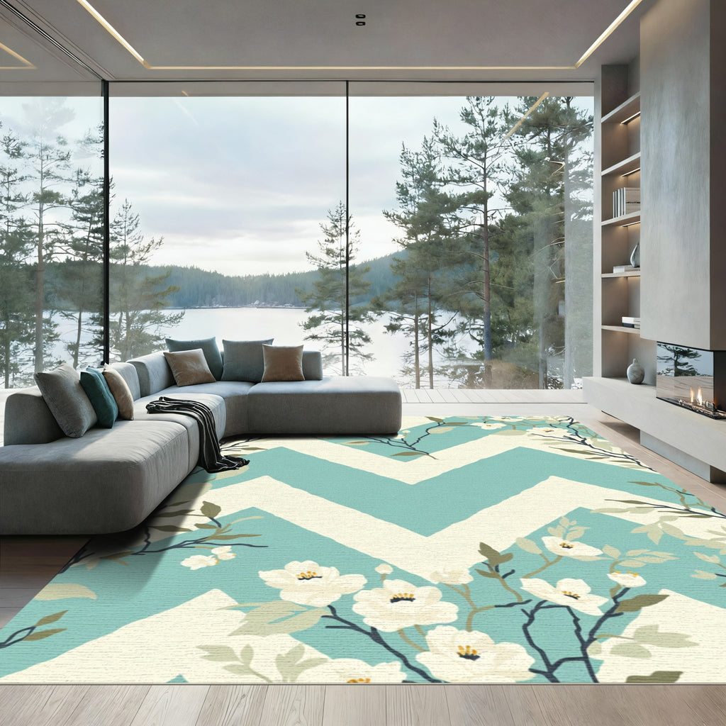 White Blossom Chevron Foliage Rug