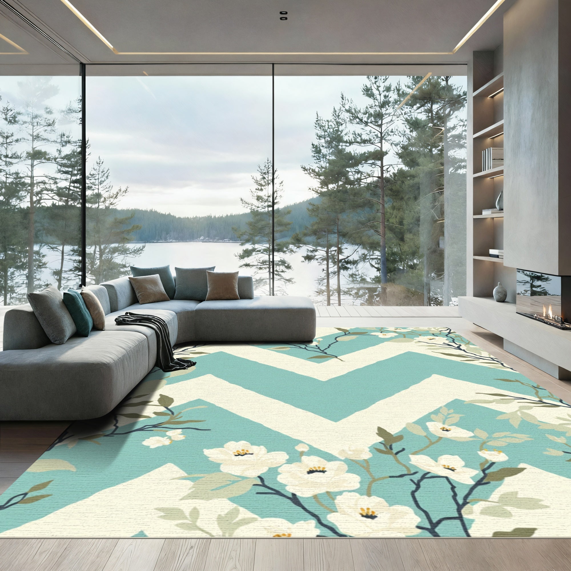 White Blossom Chevron Foliage Rug