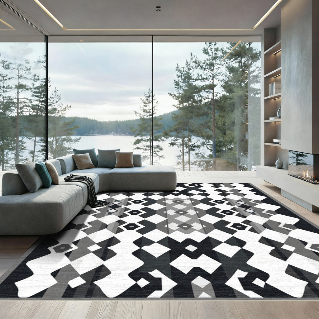 Monochrome Geometric Diamond Lattice Rug