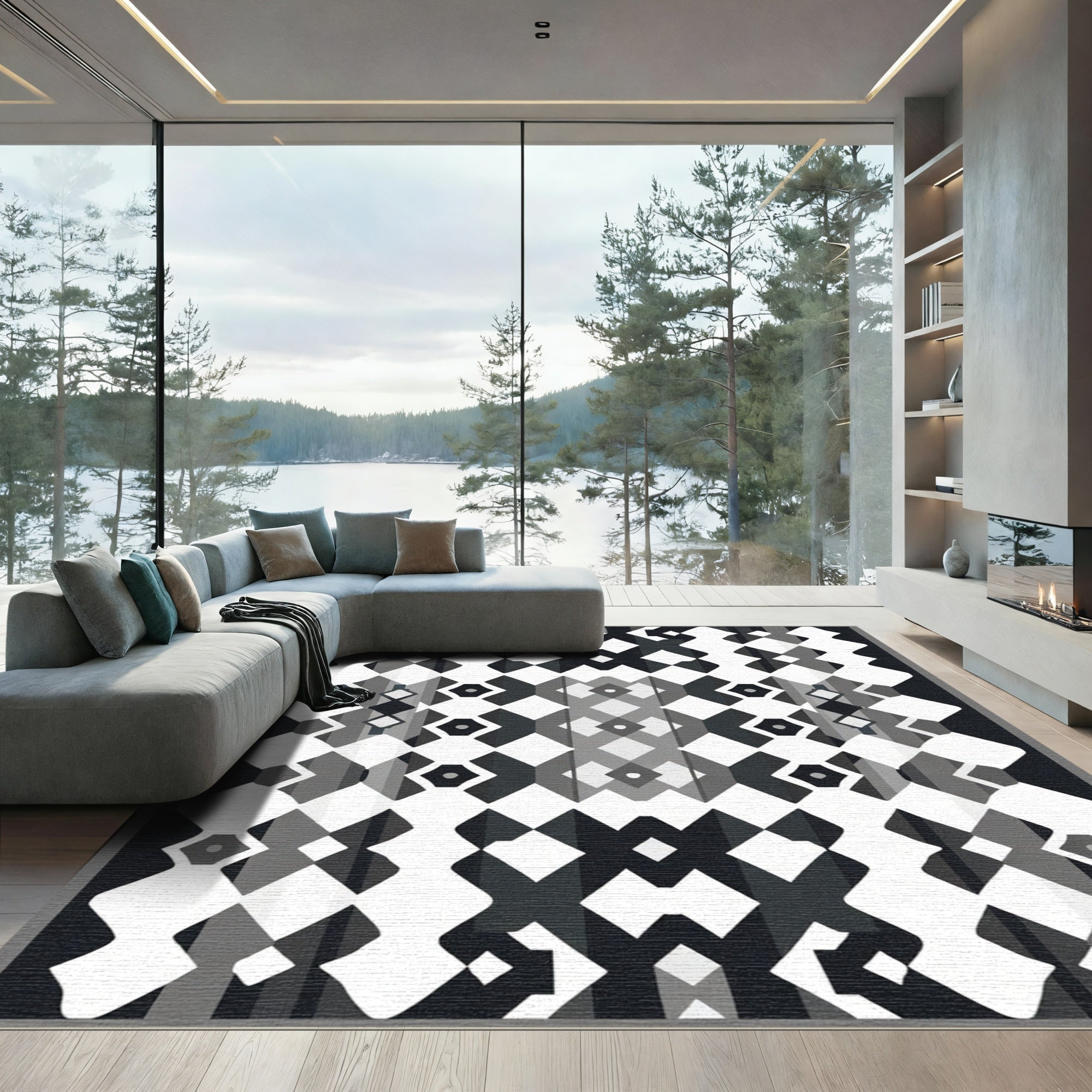Monochrome Geometric Diamond Lattice Rug