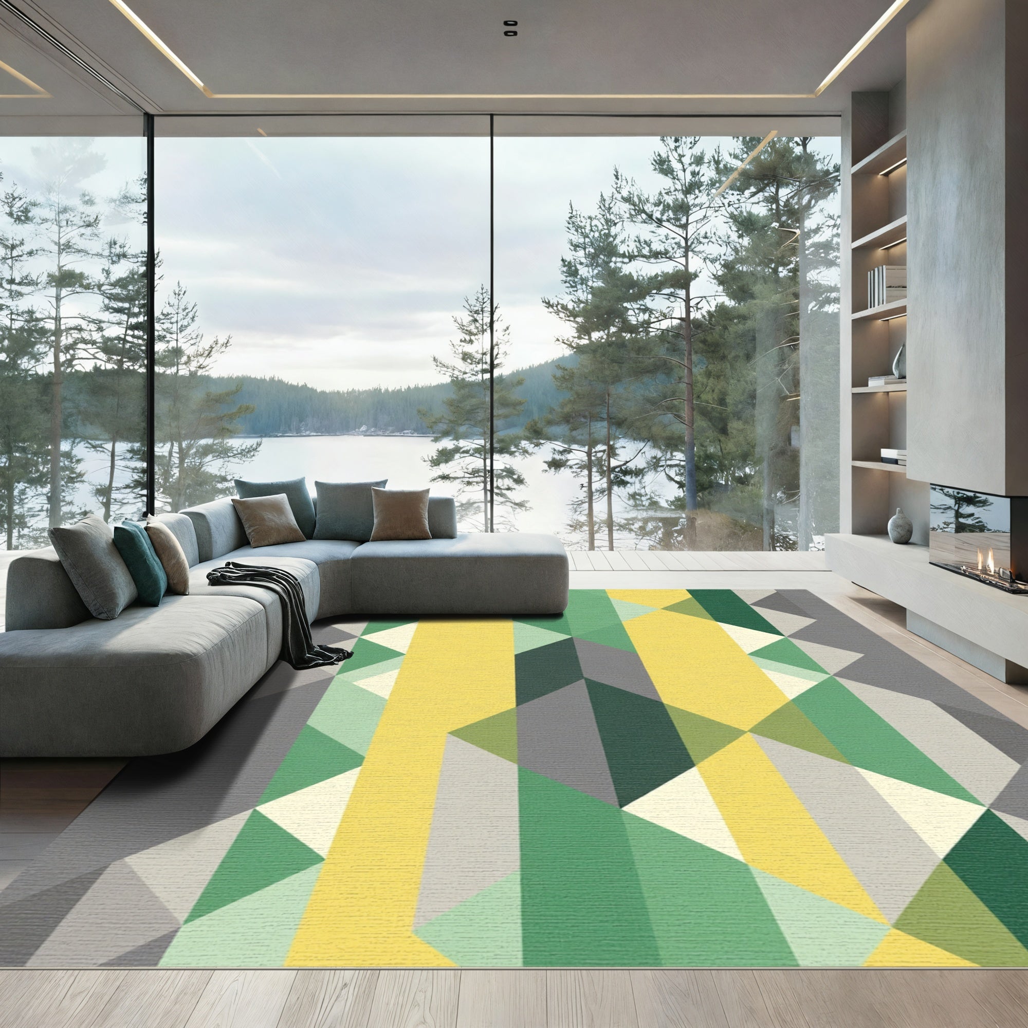 Geometric Yellow Green Gray Blocks Rug
