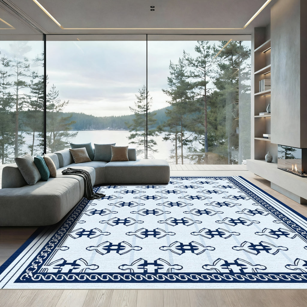 Blue Abstract Family Figures Border Rug