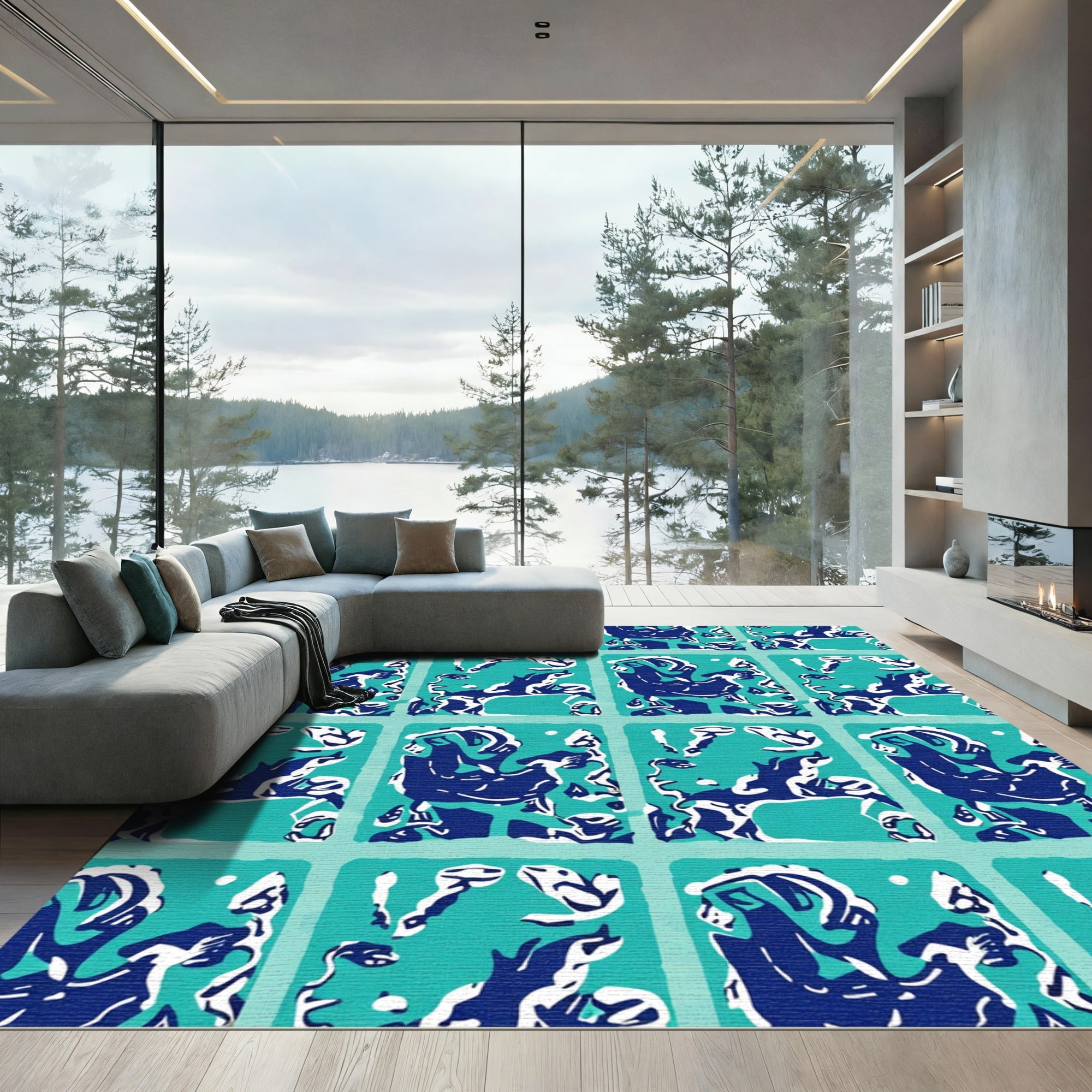 Bold Blue White Teal Animal Tile Rug