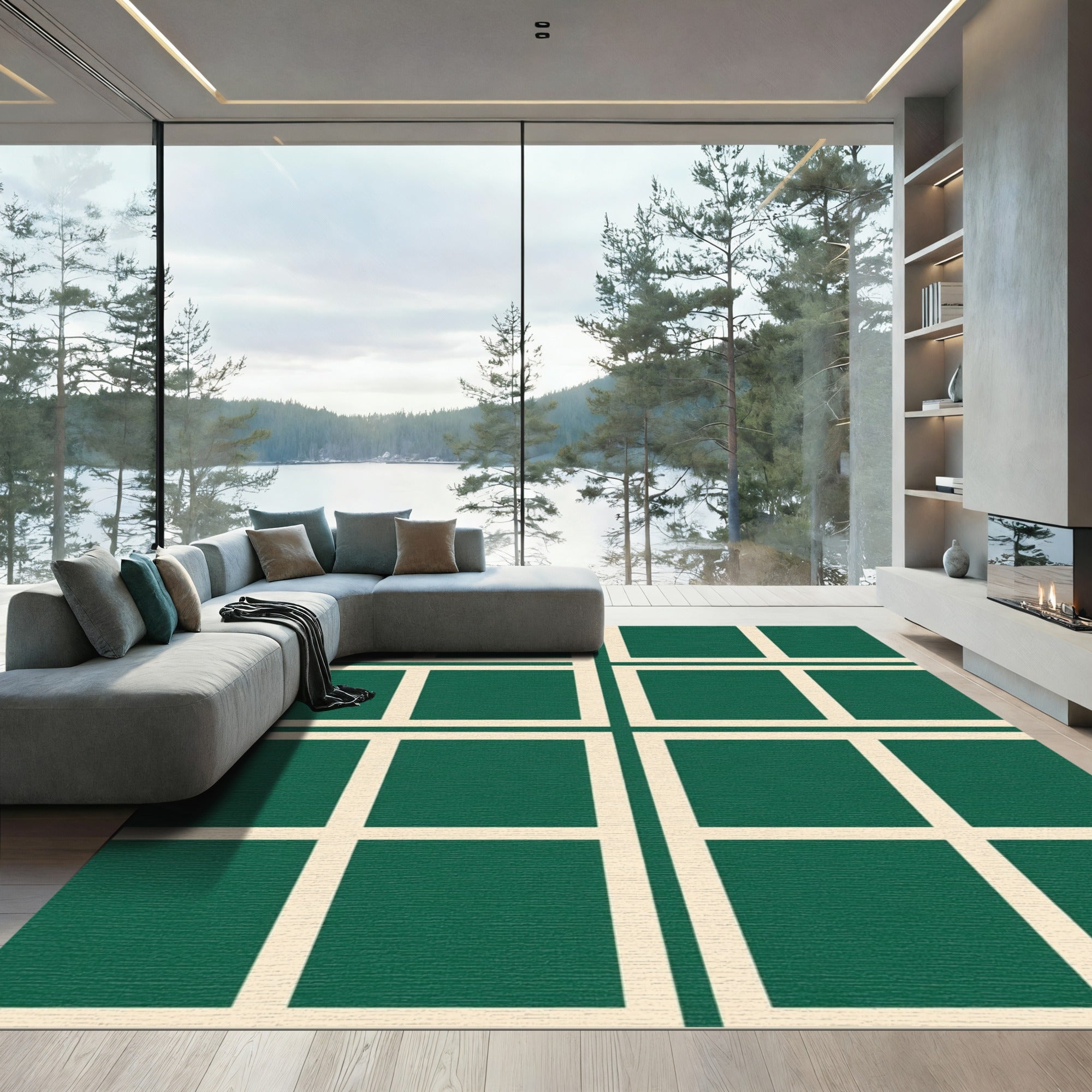 Deep Emerald White Grid Squares Rug