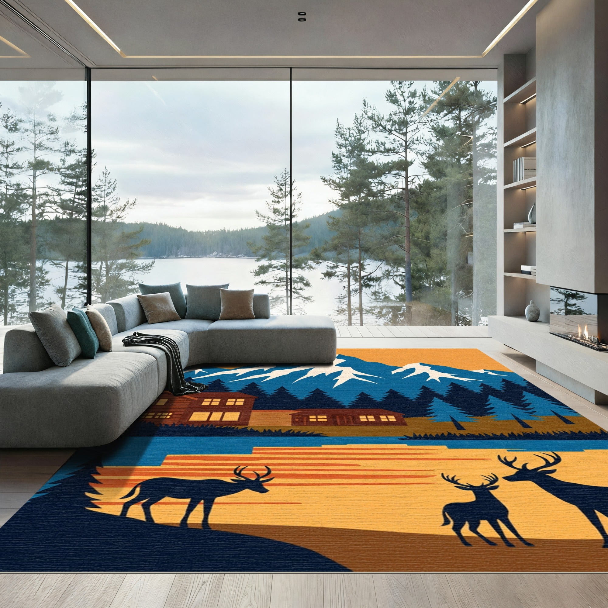 Rustic Mountain Cabin Deer Landscape Rug
