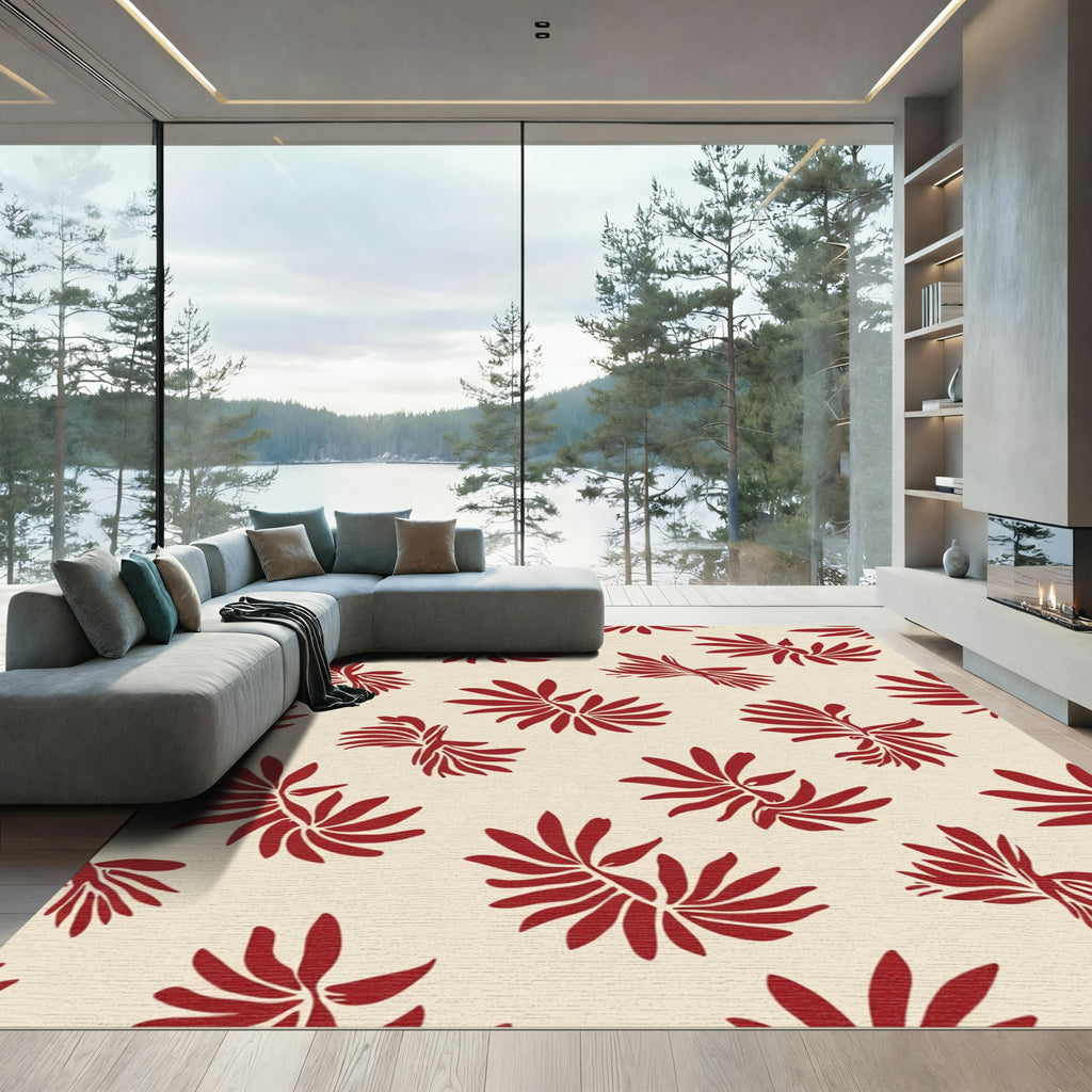 Crimson Fern Leaf Arrangement Rug