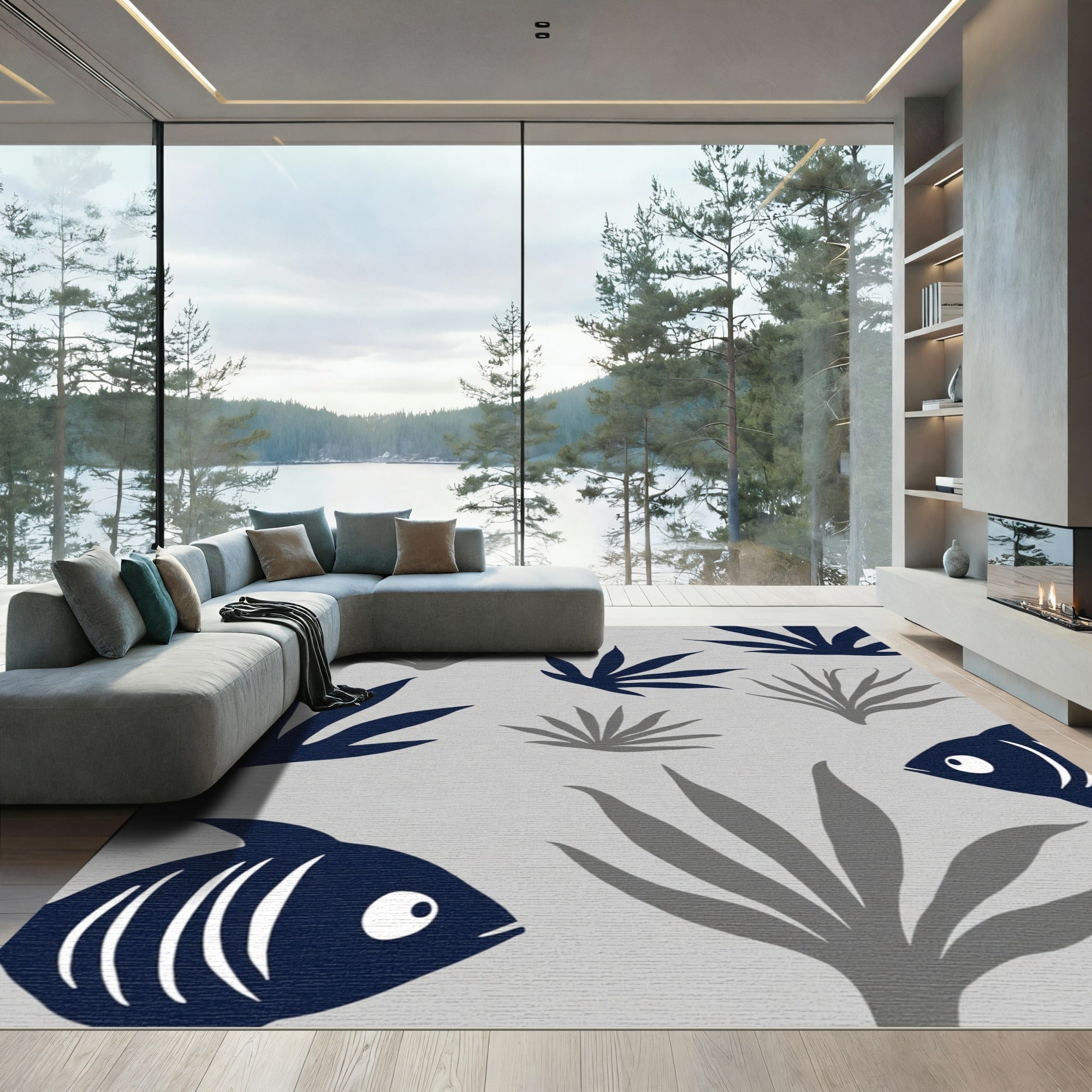 Navy Blue Fish Coral Garden Rug