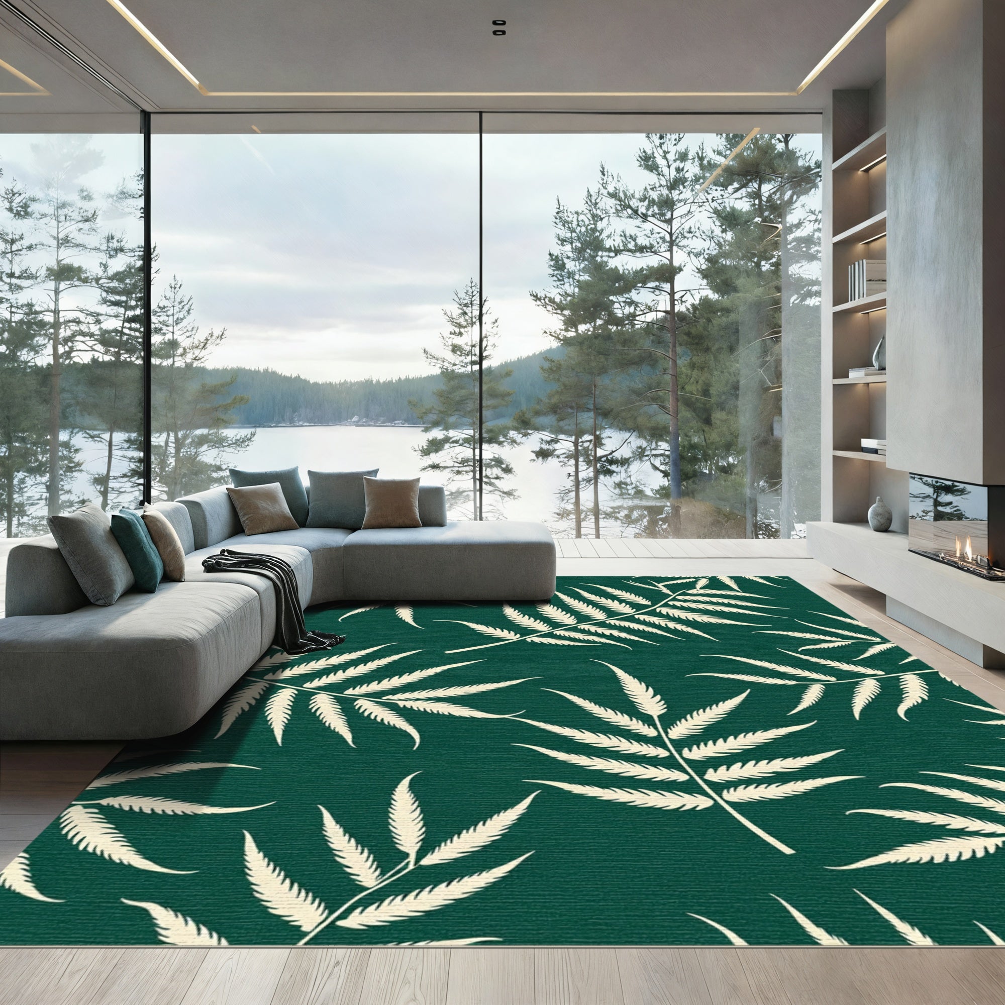 Cream Fern Leaves Green Background Rug