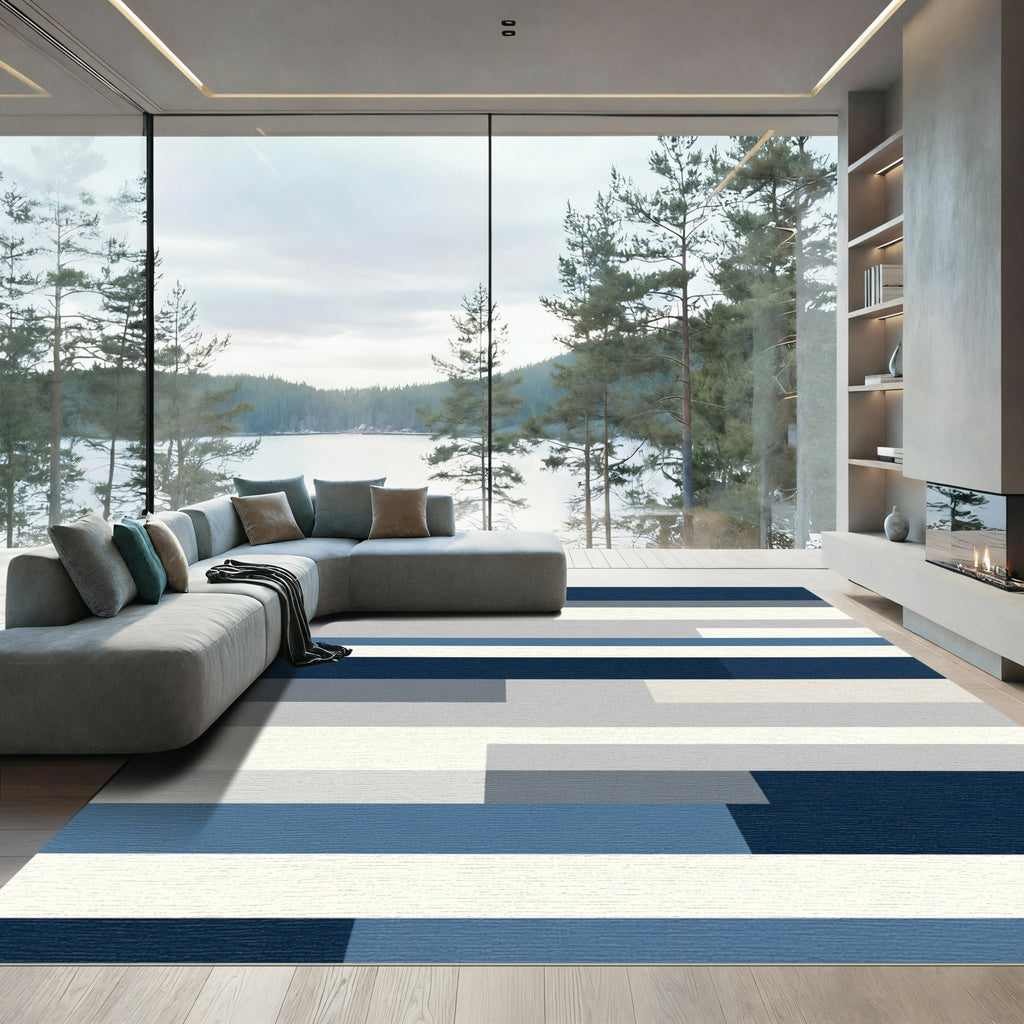 Modern Navy Blue Striped Blanket Rug