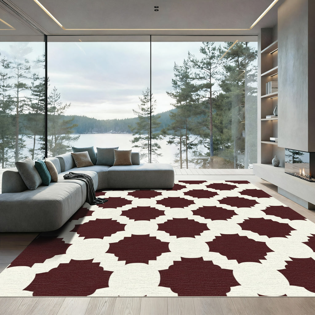 Crimson Off White Geometric Lattice Rug