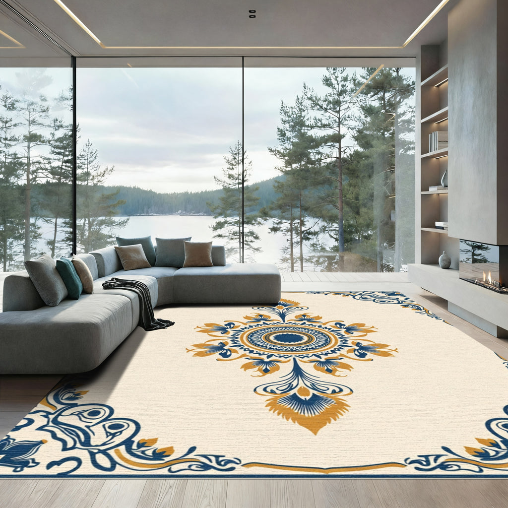 Navy Gold Arabesque Floral Round Rug