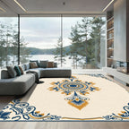 Navy Gold Arabesque Floral Round Rug