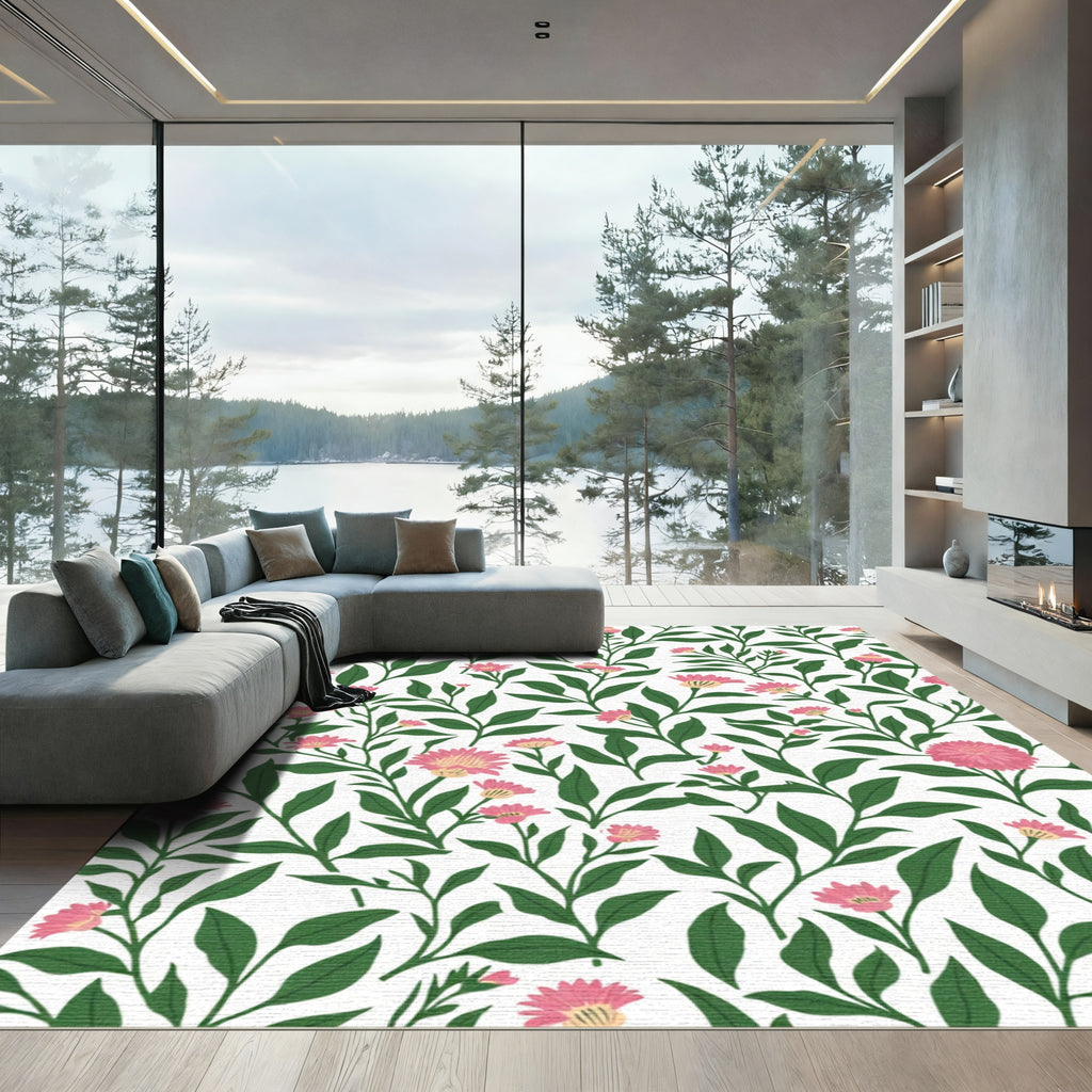 Pink Flower Branch Botanical White Rug