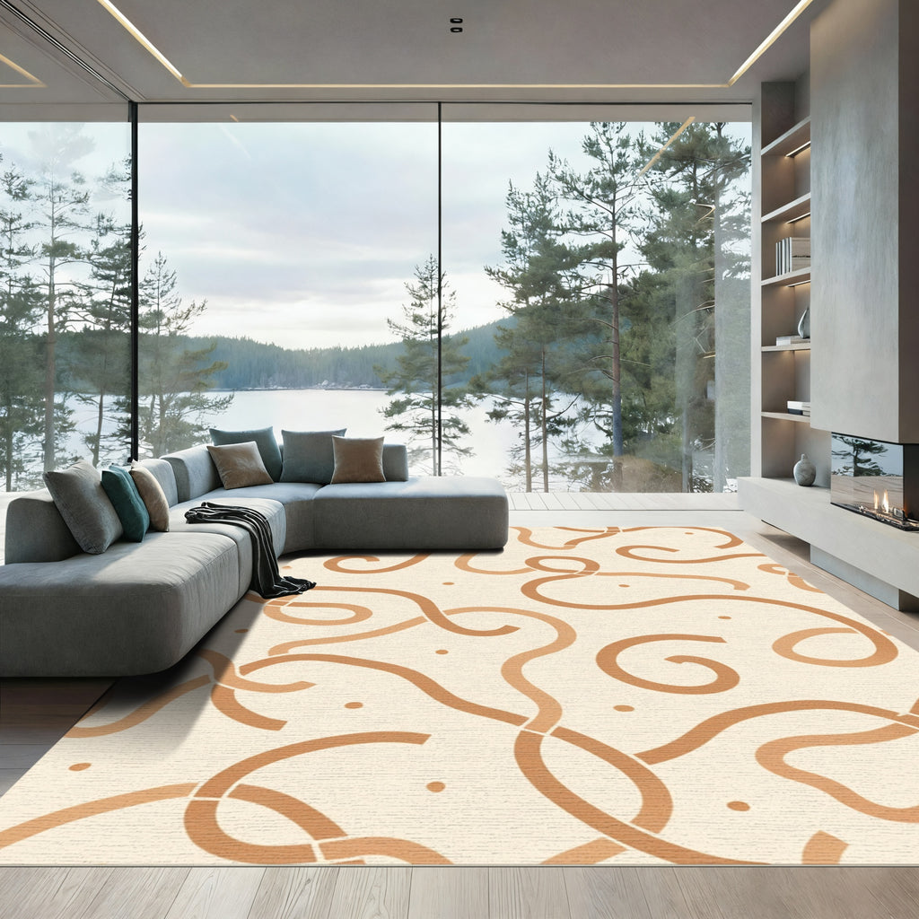 Warm Beige Swirling Ribbon Dots Rug