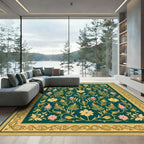 Teal Gold Pink Floral Garden Medallion Rug