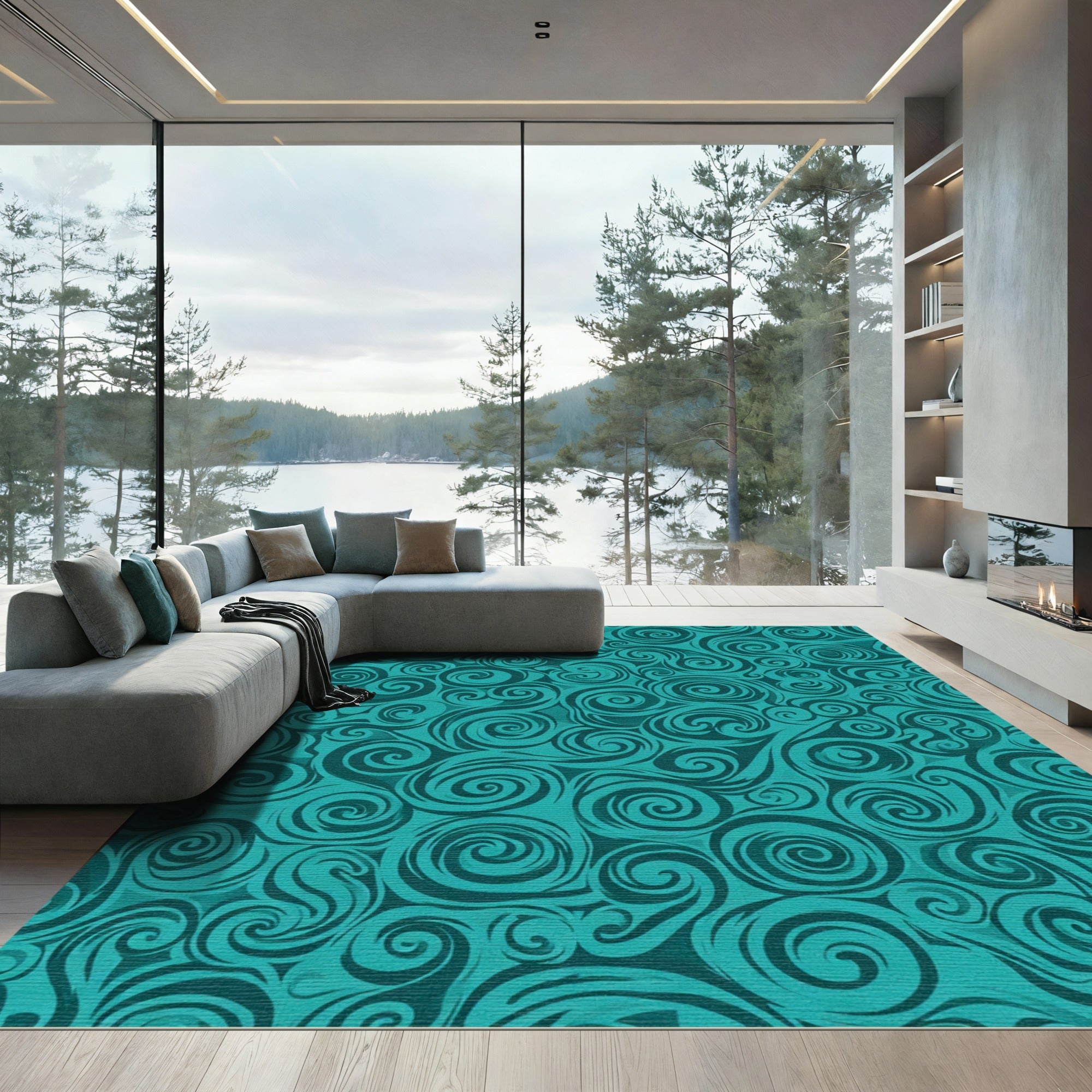 Deep Teal Swirling Ocean Waves Rug