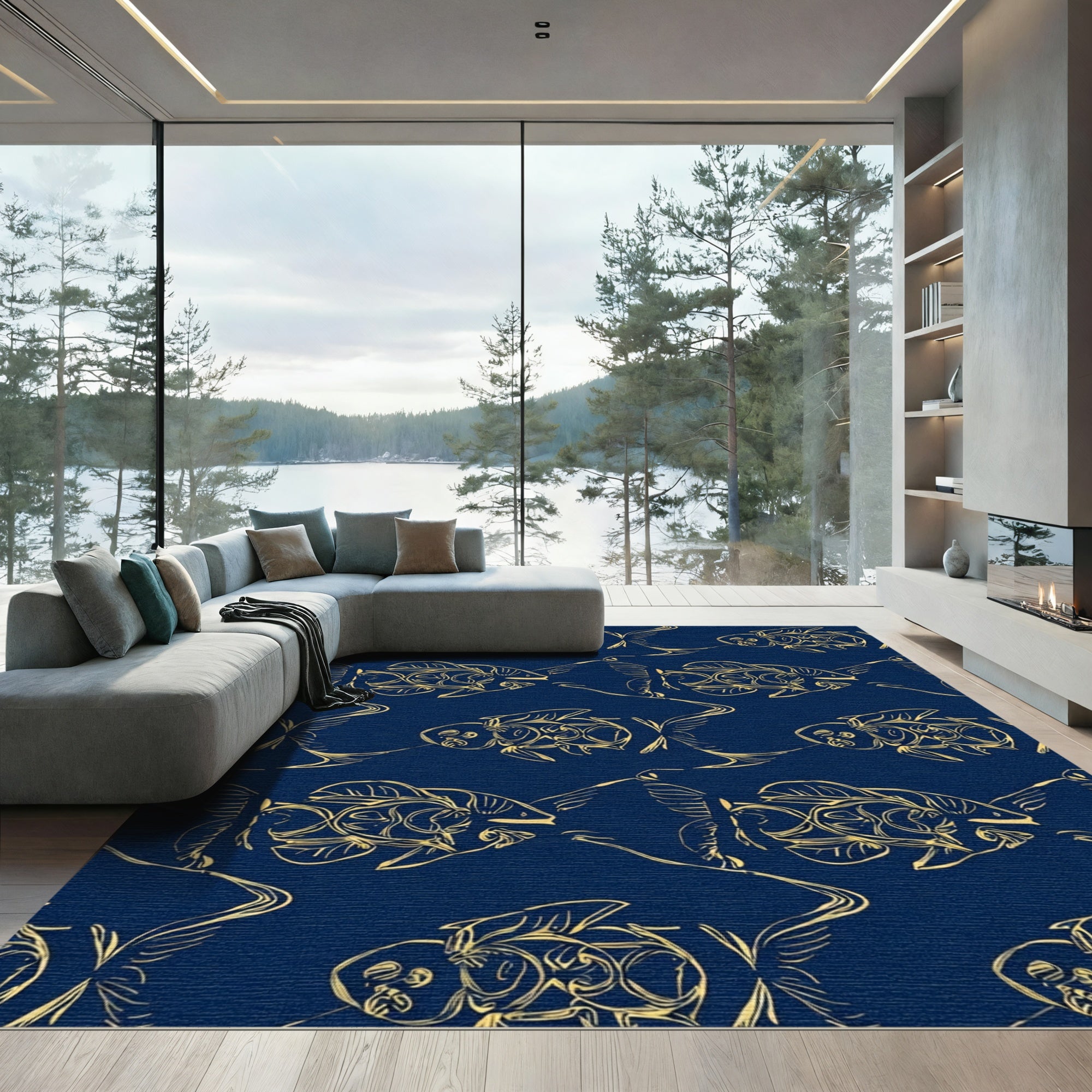 Golden Fish On Deep Blue Ocean Rug