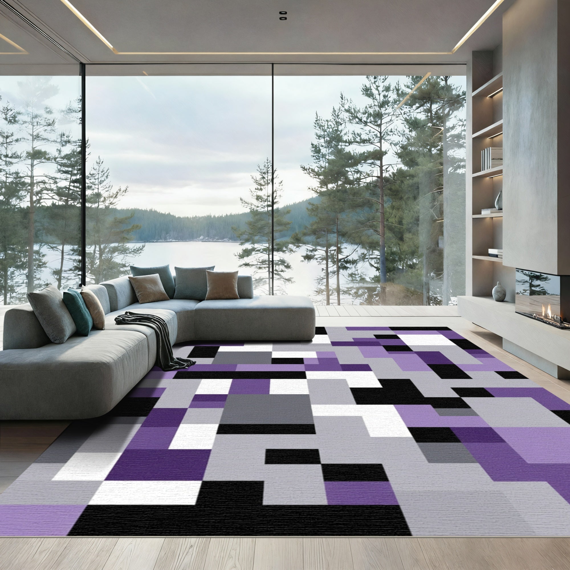 Modern Purple Geometric Block Rug