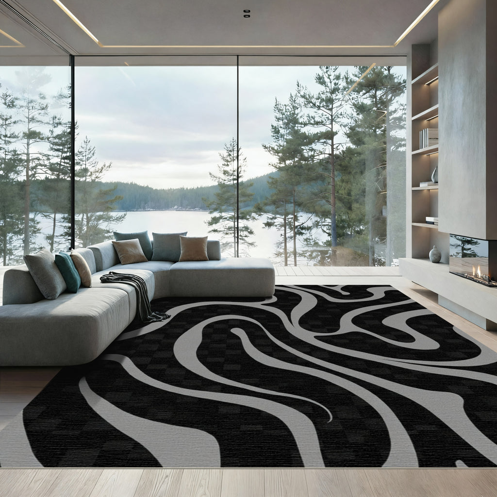 Gray Swirl Liquid Black Geometric Rug