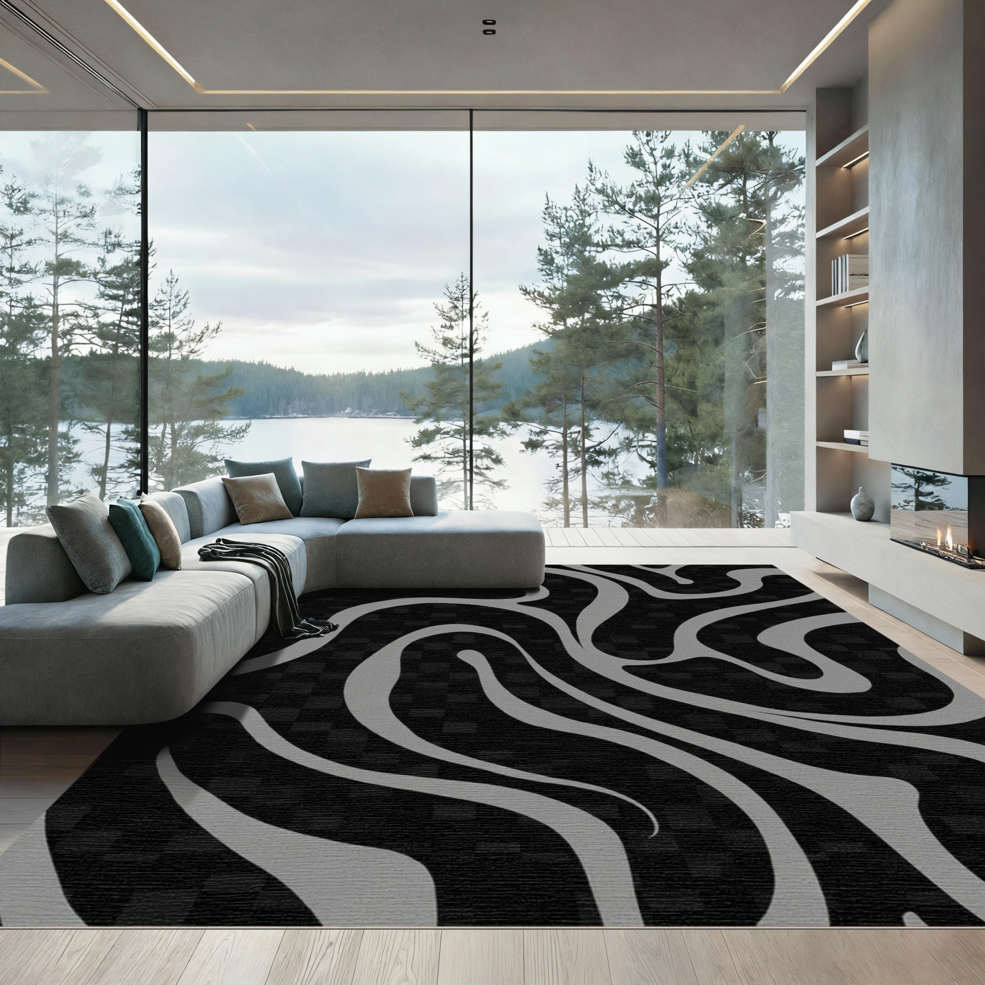 Gray Swirl Liquid Black Geometric Rug