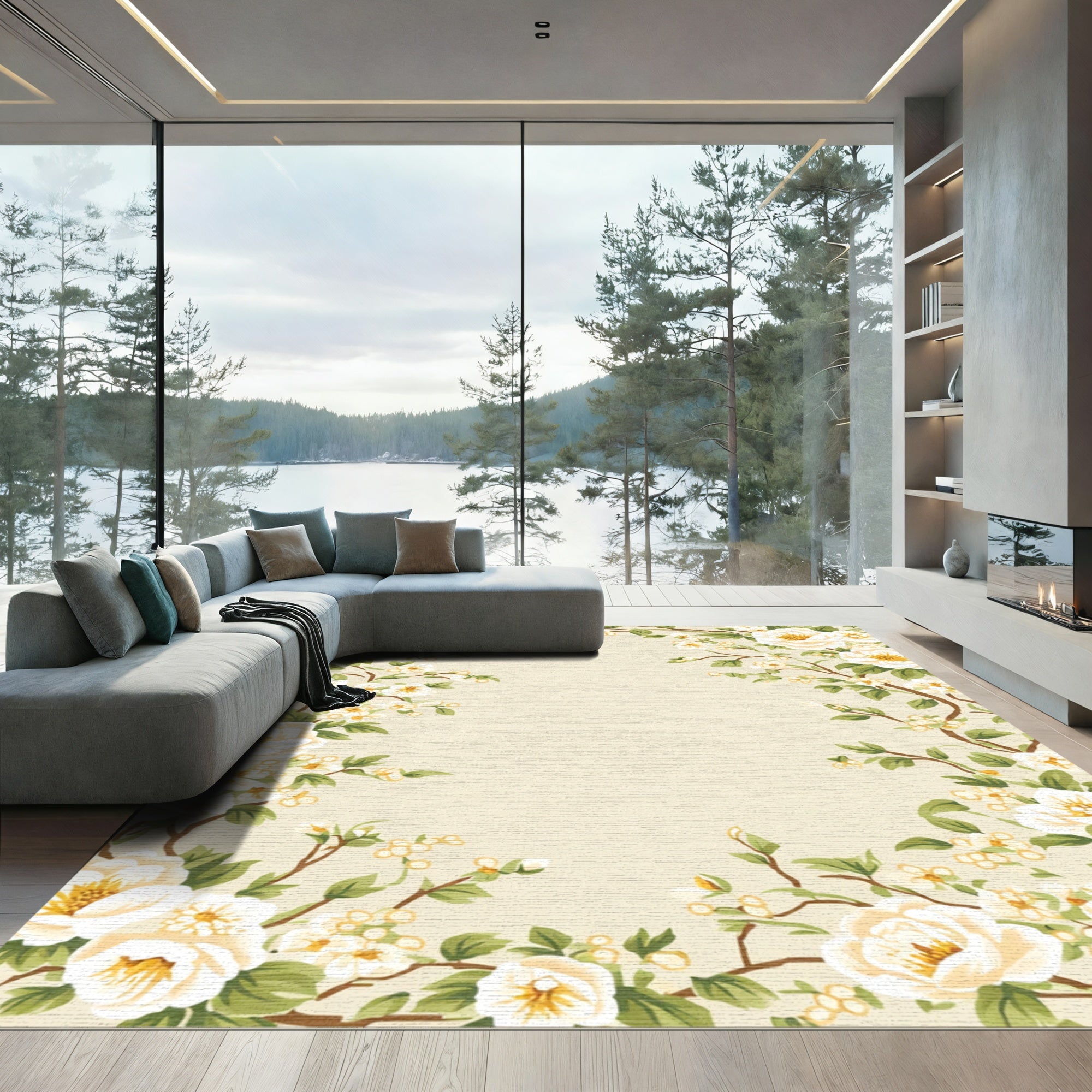 Cream White Floral Branches Garden Rug