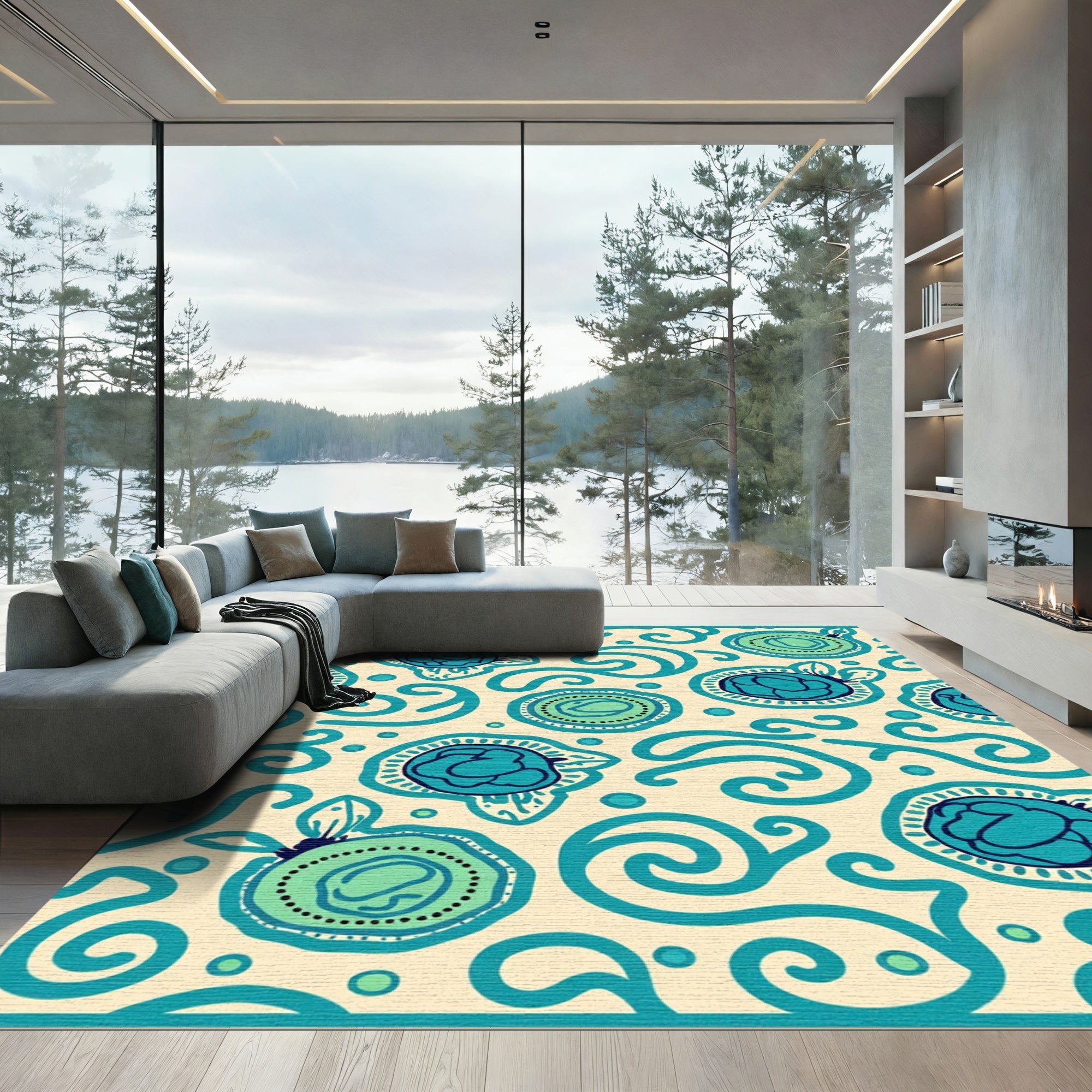Teal Blue Floral Swirl Cream Rug