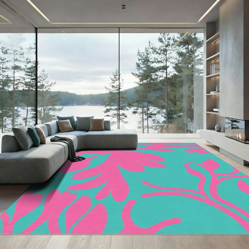 Teal Pink Contemporary Botanical Organic Rug