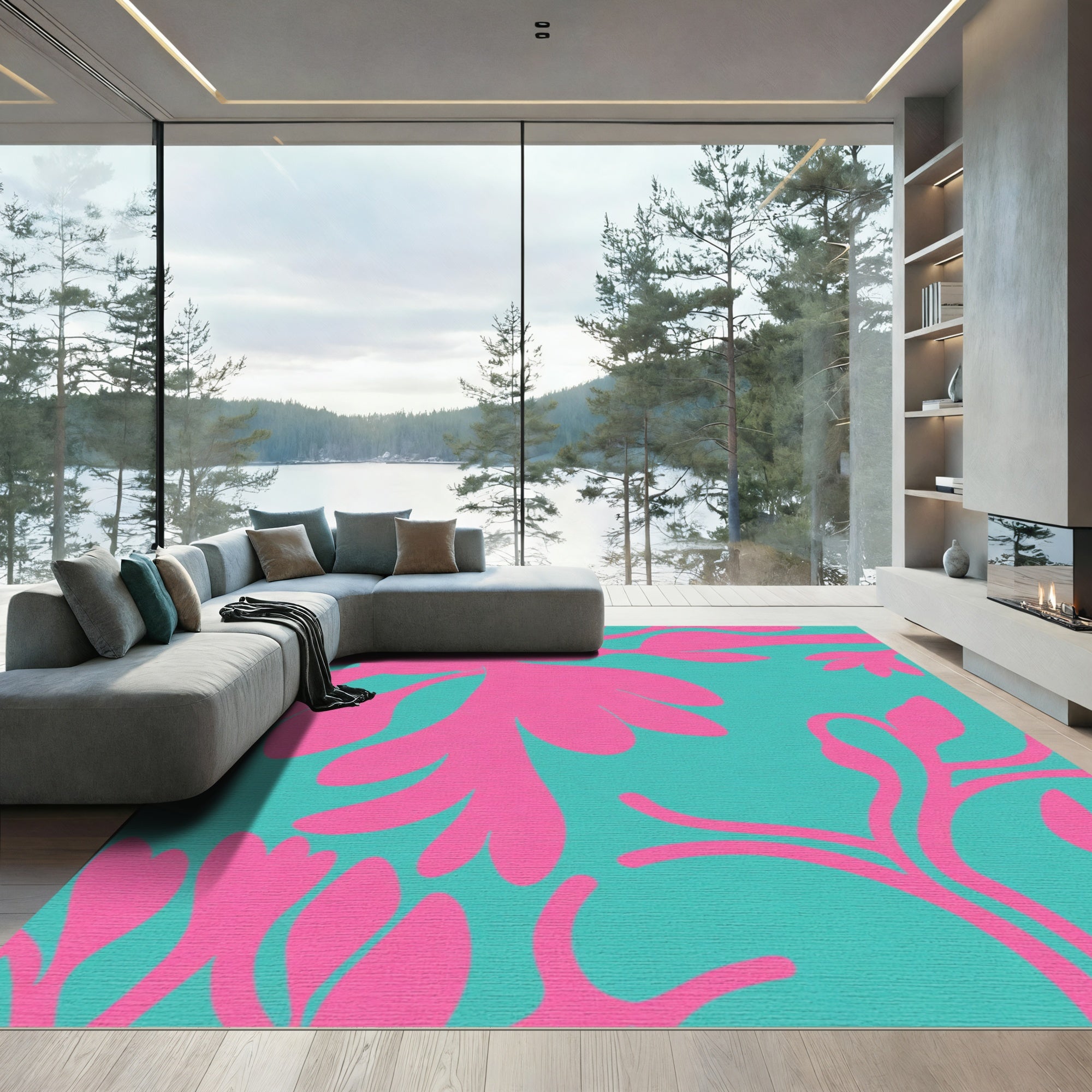 Teal Pink Contemporary Botanical Organic Rug