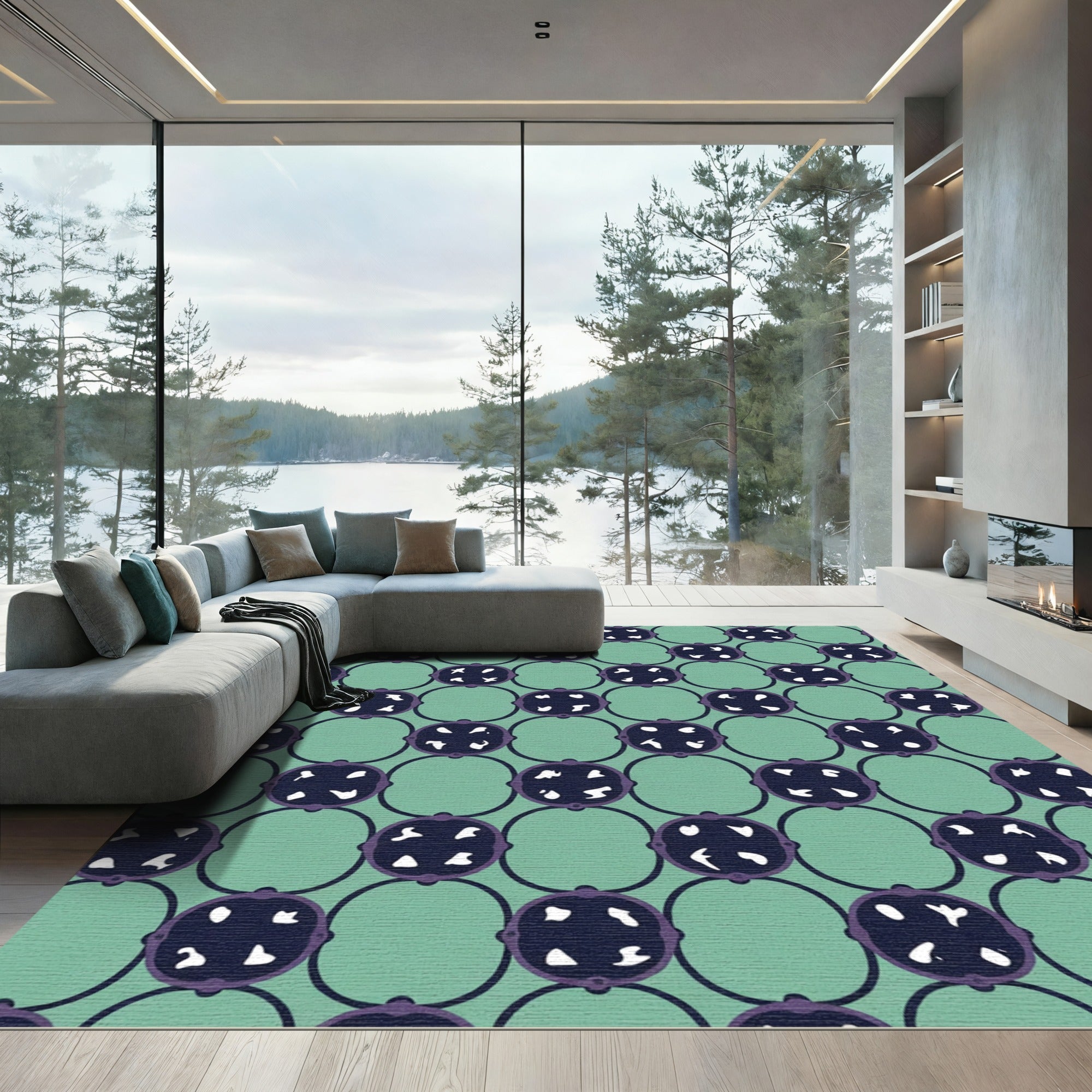 Teal Circles Geometric Medallion Rug