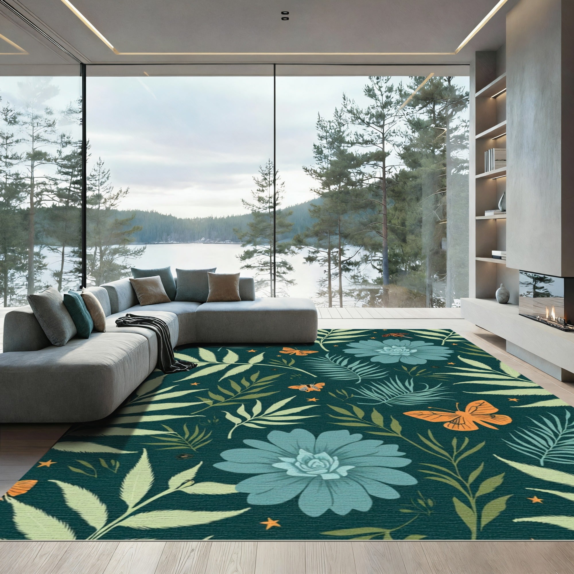 Teal Flower Orange Butterfly Foliage Accents Rug