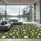 Vivid Yellow Floral Vines Emerald Border Rug