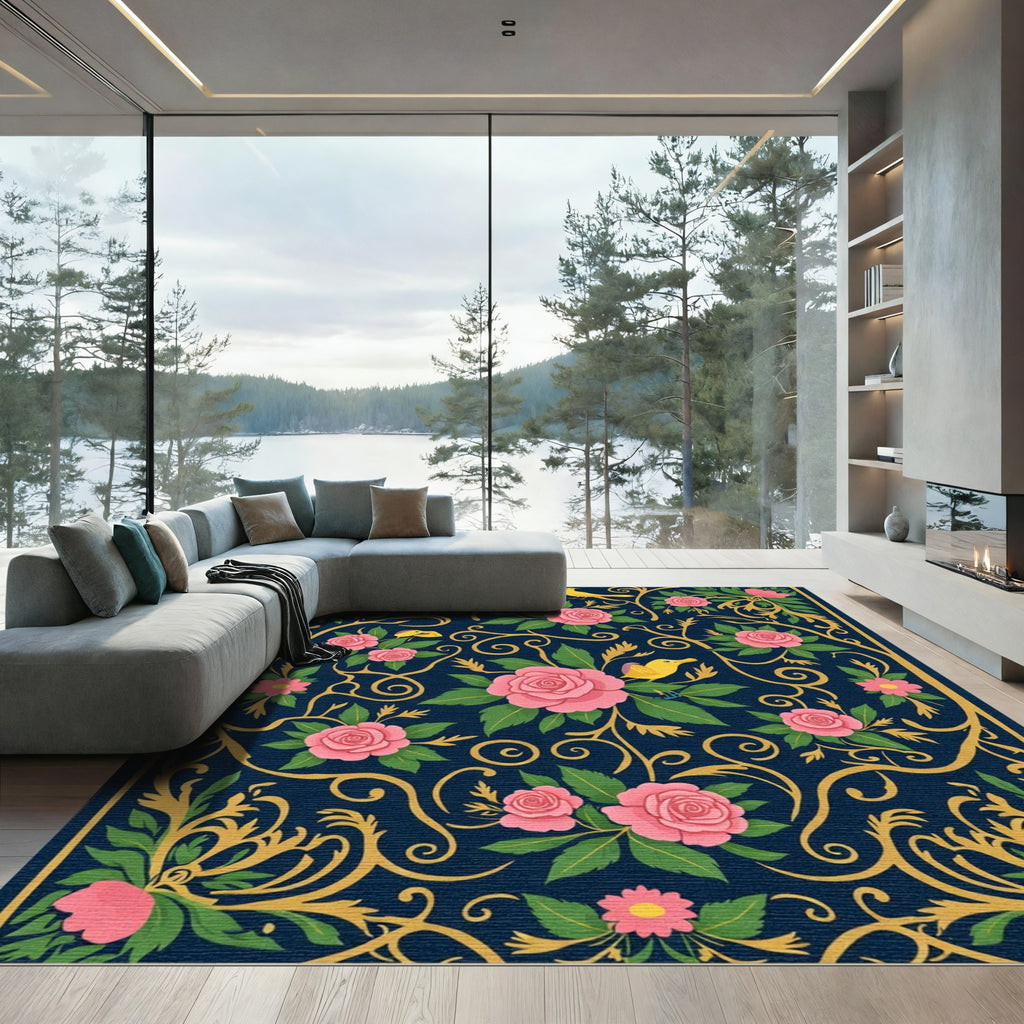 Navy Pink Floral Bird Garden Art Rug