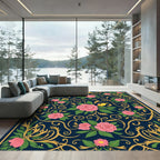 Navy Pink Floral Bird Garden Art Rug