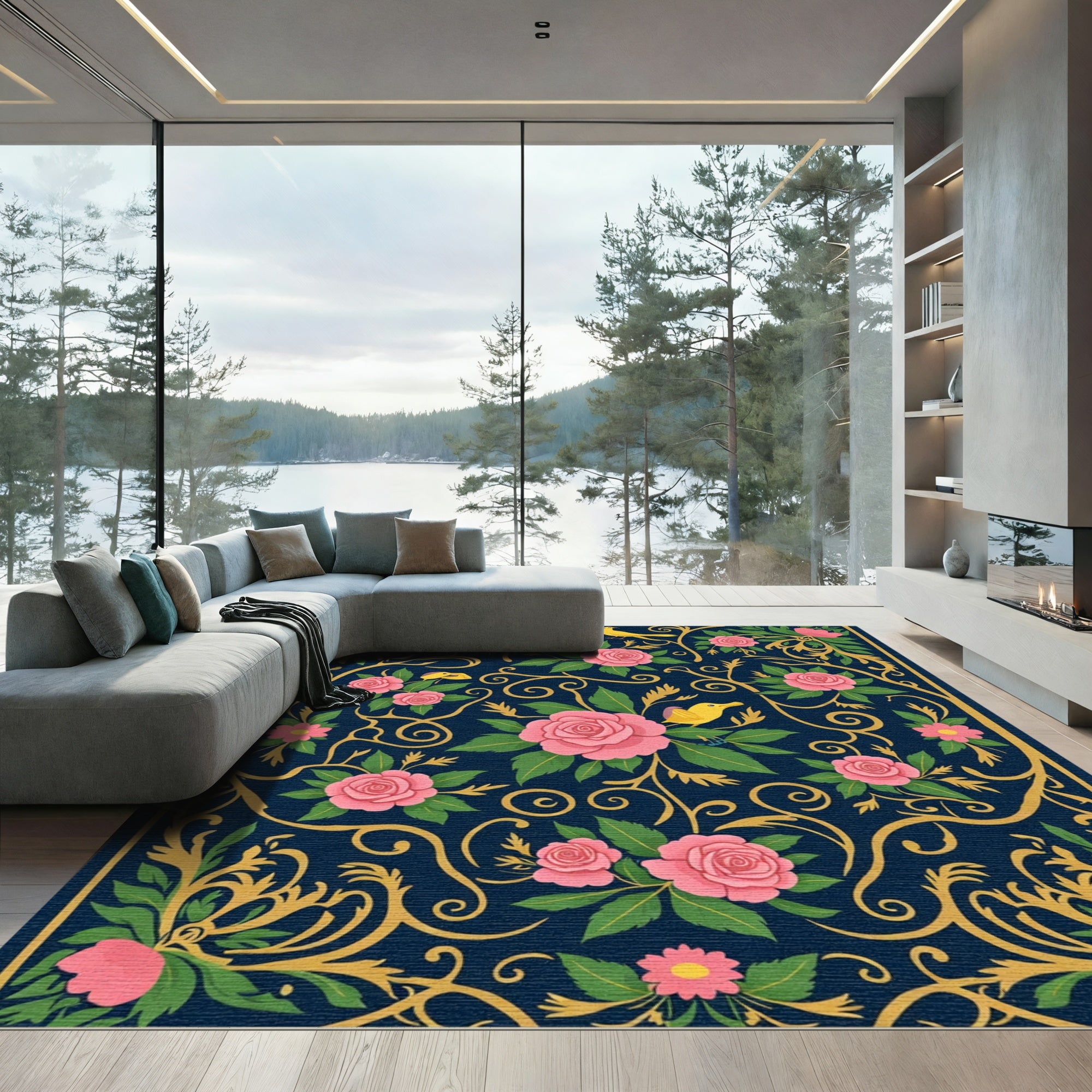 Navy Pink Floral Bird Garden Art Rug