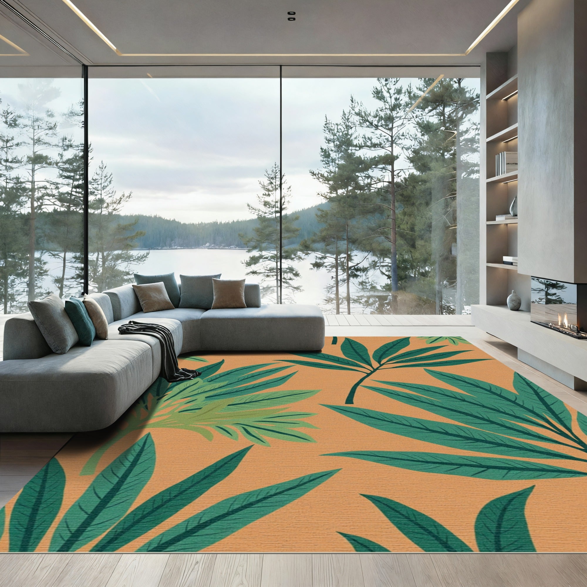 Deep Green Frond Tropical Print Rug