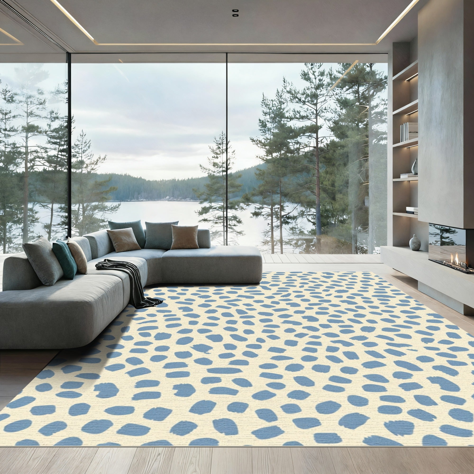 Blue Brushstroke Scatter Cream Rug