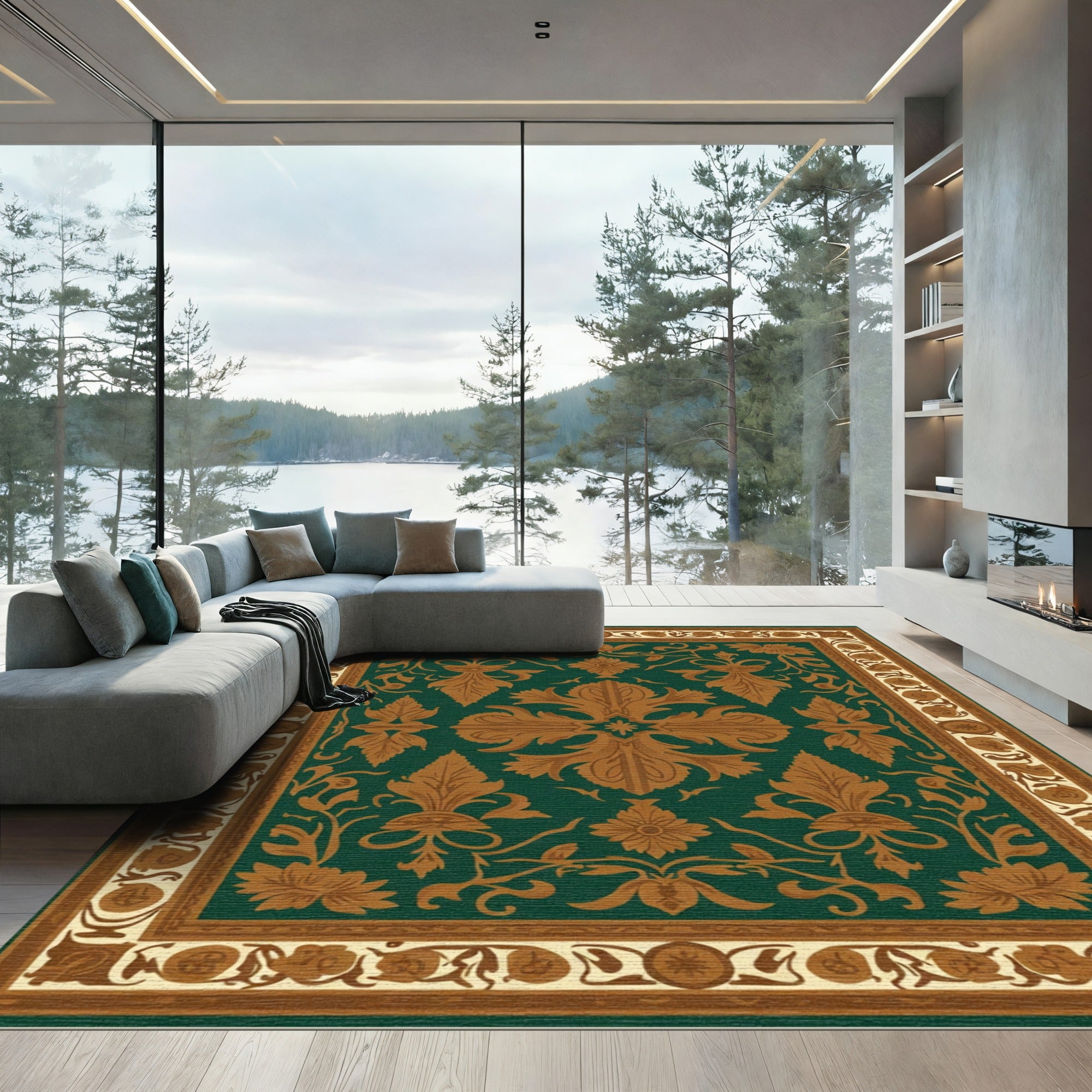 Deep Emerald Gold Floral Scroll Rug