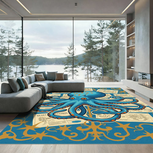Blue Orange Polka Dot Octopus Collage Rug