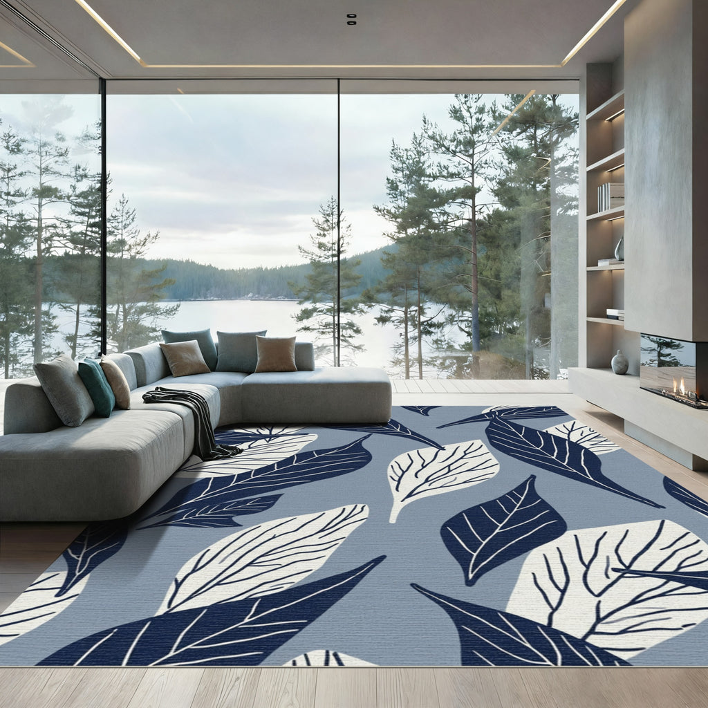 Navy Blue Cream Leafy Branches Rug